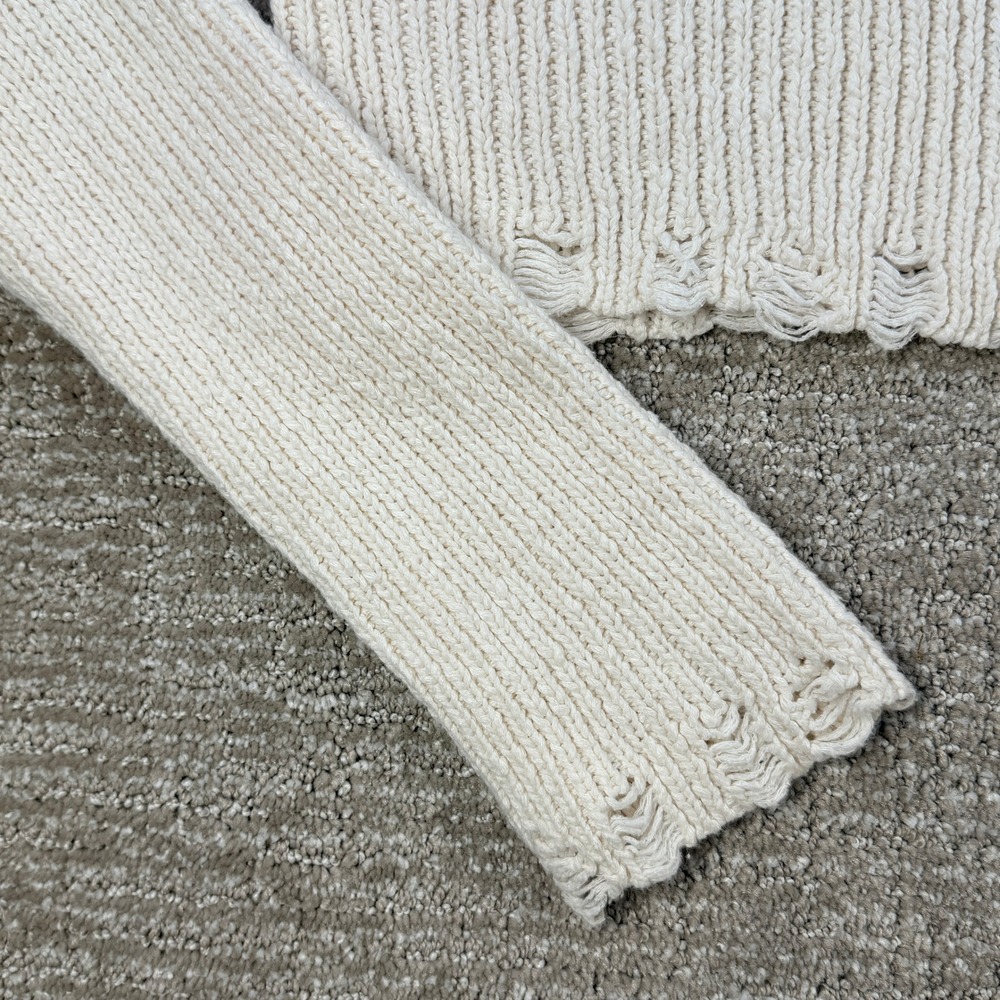 Full Tilt Cropped Knit Hoodie Sweater Womens M Ivory Zip Up Distressed Hem Y2K - Picture 8 of 11